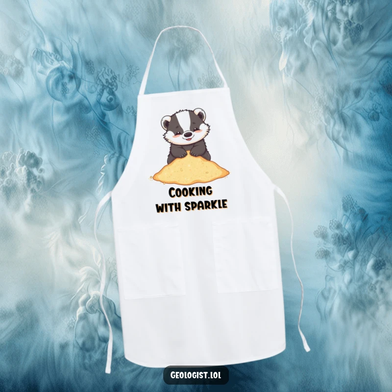 Funny apron with a playful badger sifting through glittering sand, perfect for beach-themed cooking.