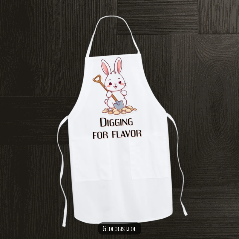 Funny apron with a cheerful rabbit holding a tiny shovel, scooping pebbles, ideal for gardening or cooking.
