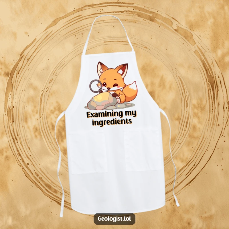 Funny apron depicting a curious fox with a magnifying glass, examining a colorful rock, ideal for cooking.