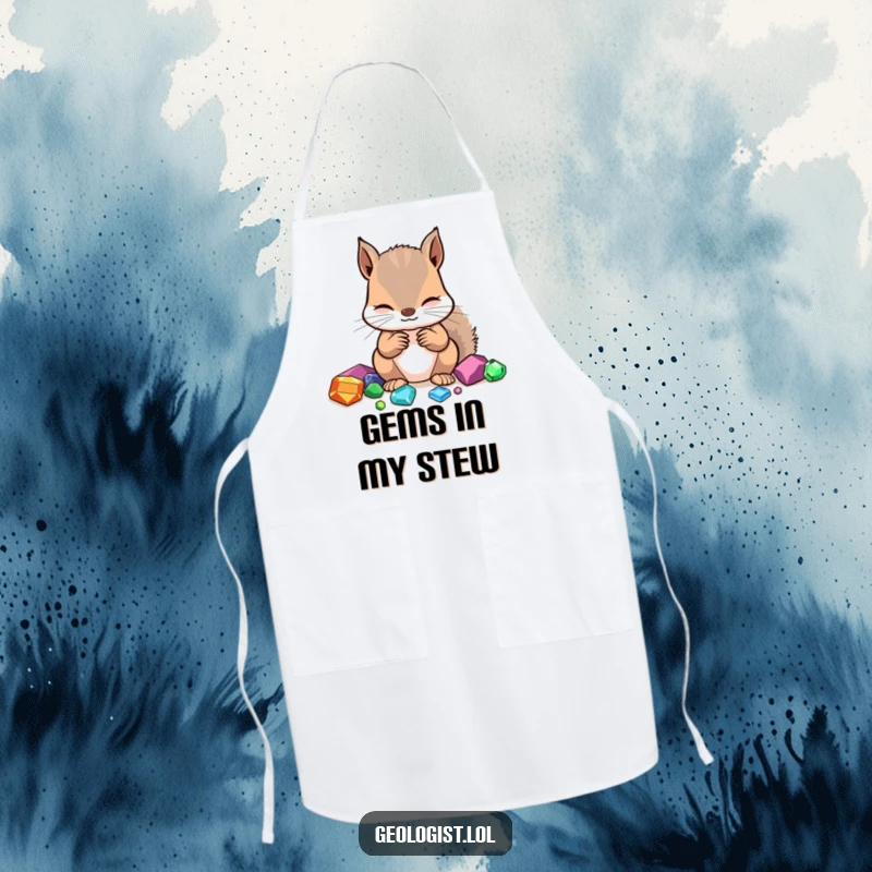 Funny apron with a focused squirrel identifying gemstones, ideal for cooking or crafting.