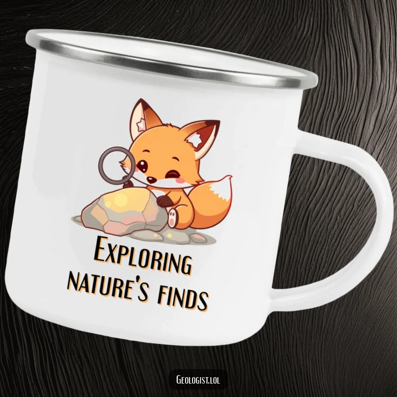 Funny enamel camping mug featuring a curious fox with a magnifying glass, examining a colorful rock, for camping.