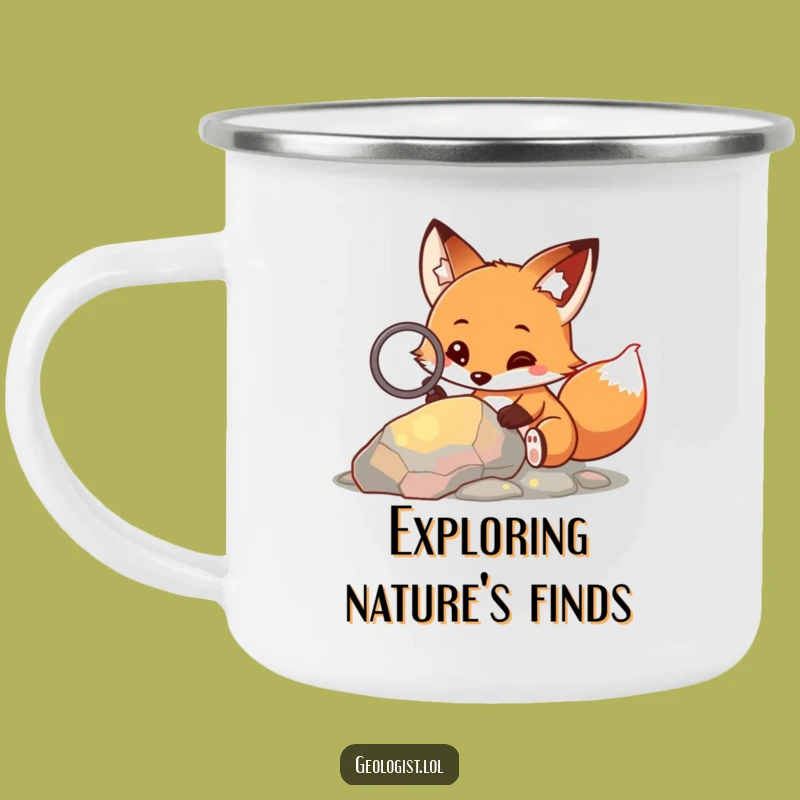 Funny Fox Explorer Camping Mug: Enamel & Curious Critter with Magnifying Glass, Rustically Funny Gift