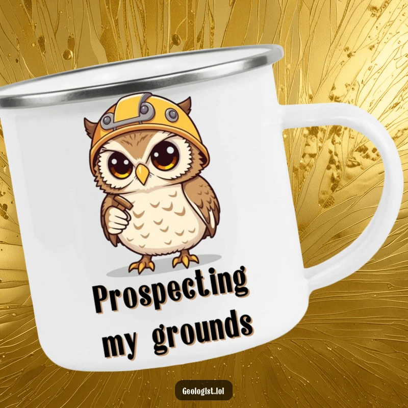 Funny enamel camping mug featuring a determined snowy owl miner with helmet, hammer, and pick, for outdoor use.