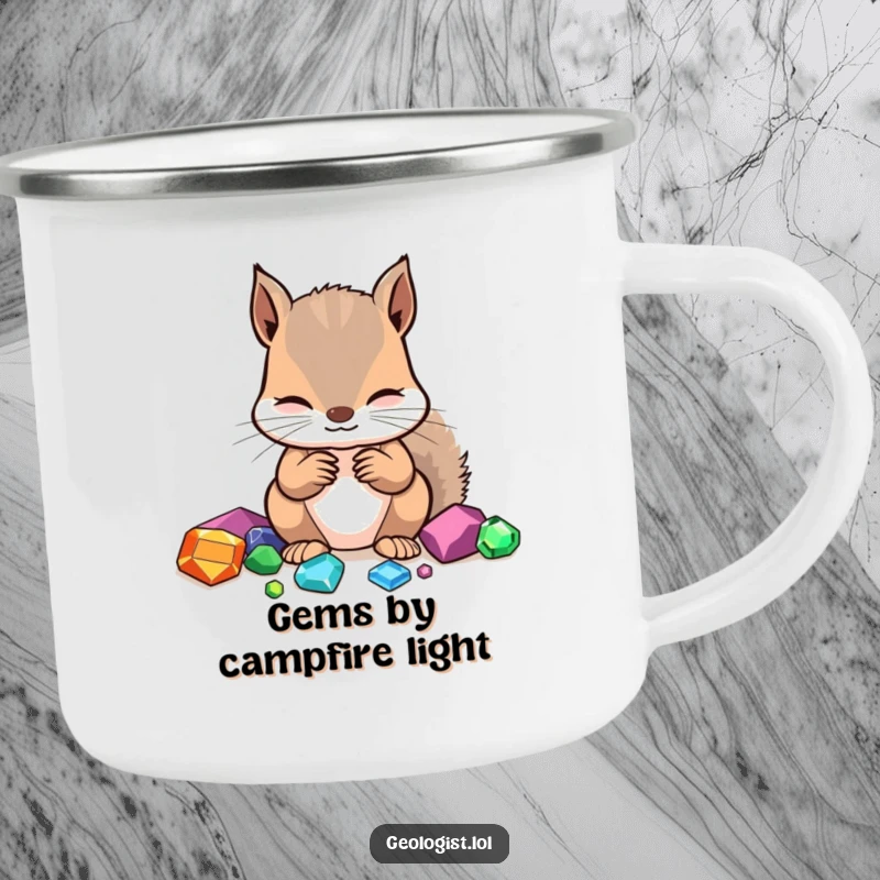 Funny enamel camping mug featuring a focused squirrel identifying gemstones, perfect for outdoor use.