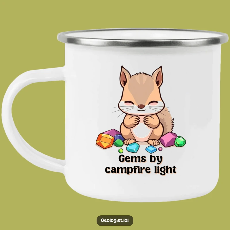 Funny Squirrel Gemologist Camping Mug: Enamel & Focused Critter Identifying Gems, Rustically Funny Gift