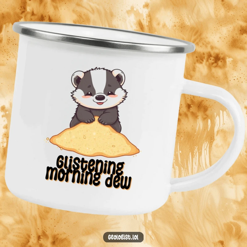 Funny enamel camping mug featuring a playful badger sifting through glittering sand, perfect for outdoor use.