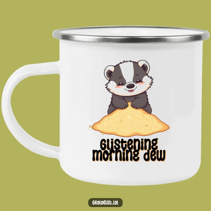 Funny Badger Beach Camping Mug: Enamel & Playful Critter Sifting Glittering Sand, Rustically Funny Gift