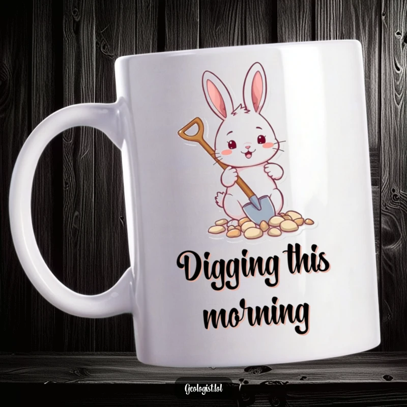 Funny mug featuring a cheerful rabbit holding a tiny shovel, scooping up small pebbles, a gardening delight.
