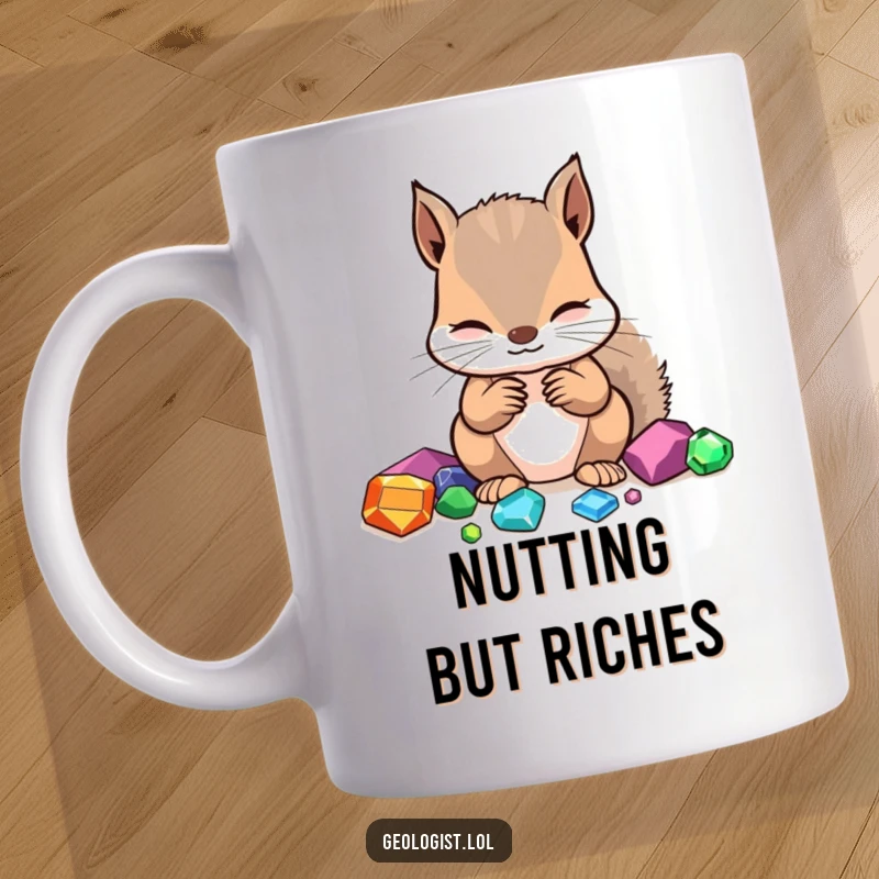 Funny mug featuring a focused squirrel meticulously identifying colorful gemstones, a treasure hunter's delight.