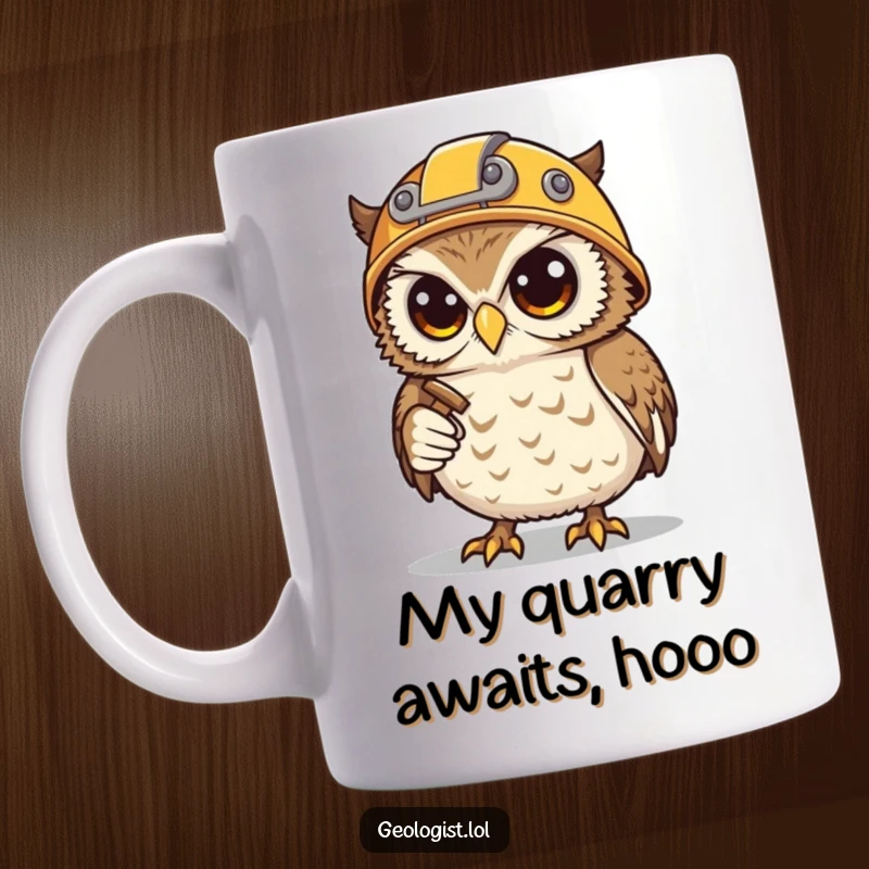 Funny mug featuring a determined snowy owl in a helmet, holding a hammer and pick, ready to mine gems.