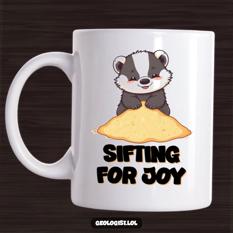 Funny mug featuring a playful badger happily sifting through a pile of glittering sand, evoking beach fun.