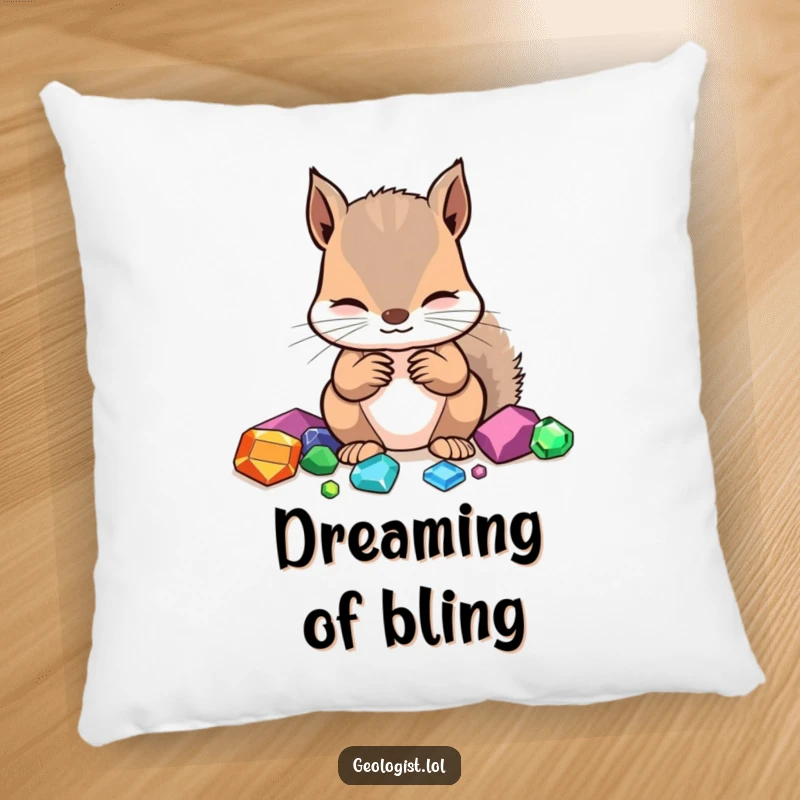 Funny pillow featuring a focused squirrel identifying gemstones, perfect for gem-themed comfort and decor.
