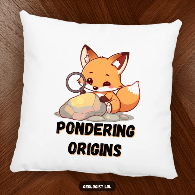 Funny pillow featuring a curious fox examining a colorful rock with a magnifying glass, perfect for comfort.