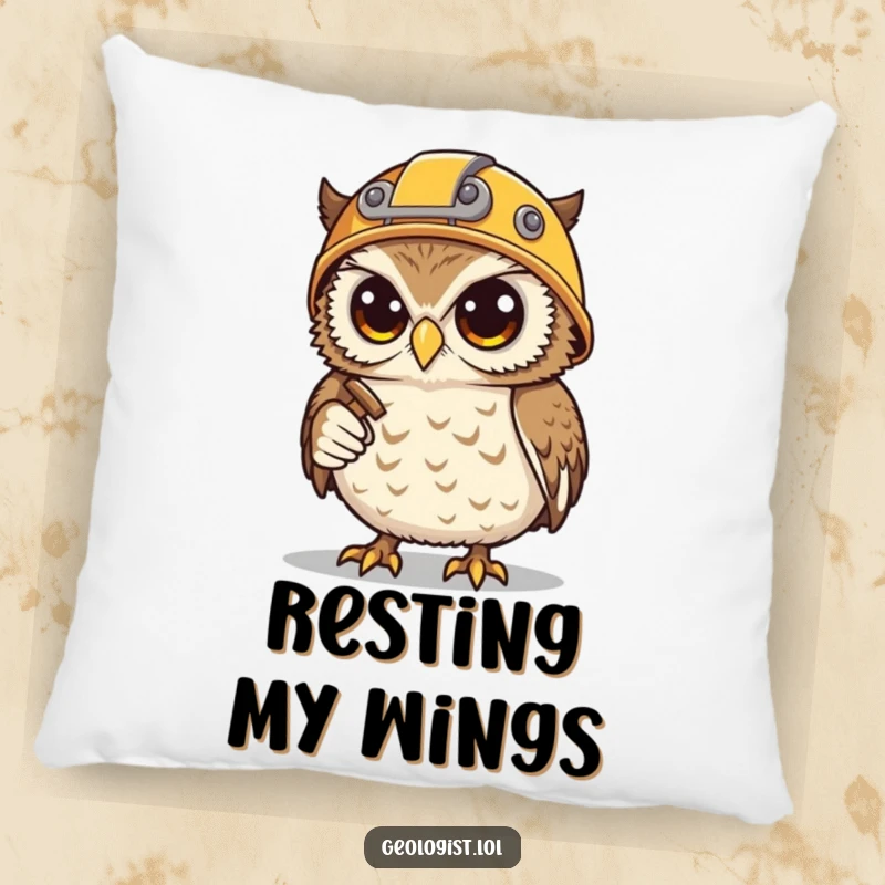 Funny pillow featuring a determined snowy owl miner, holding a hammer and pick, perfect for comfortable decor.