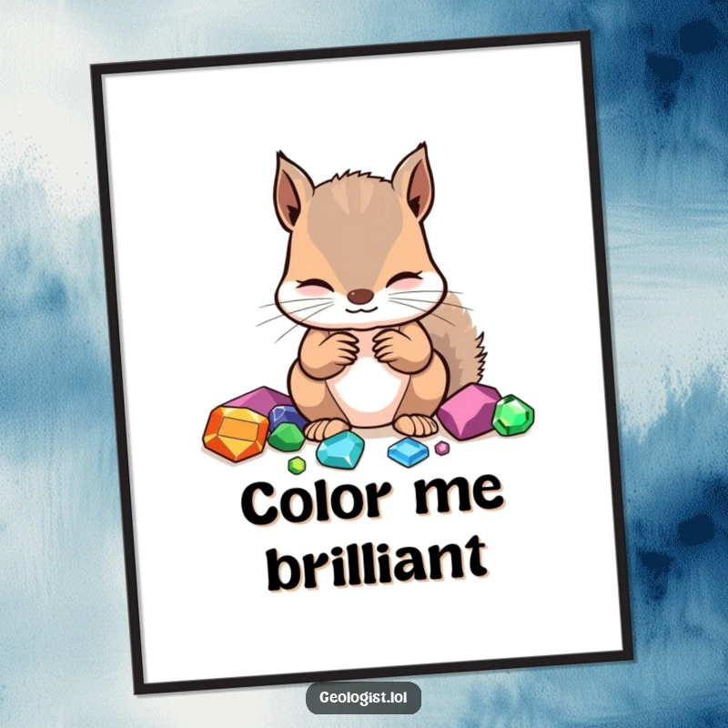 Funny digital art print of a focused squirrel meticulously identifying different colored gemstones.
