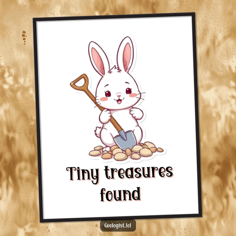 Funny digital art print of a cheerful rabbit holding a tiny shovel, scooping up tiny pebbles.