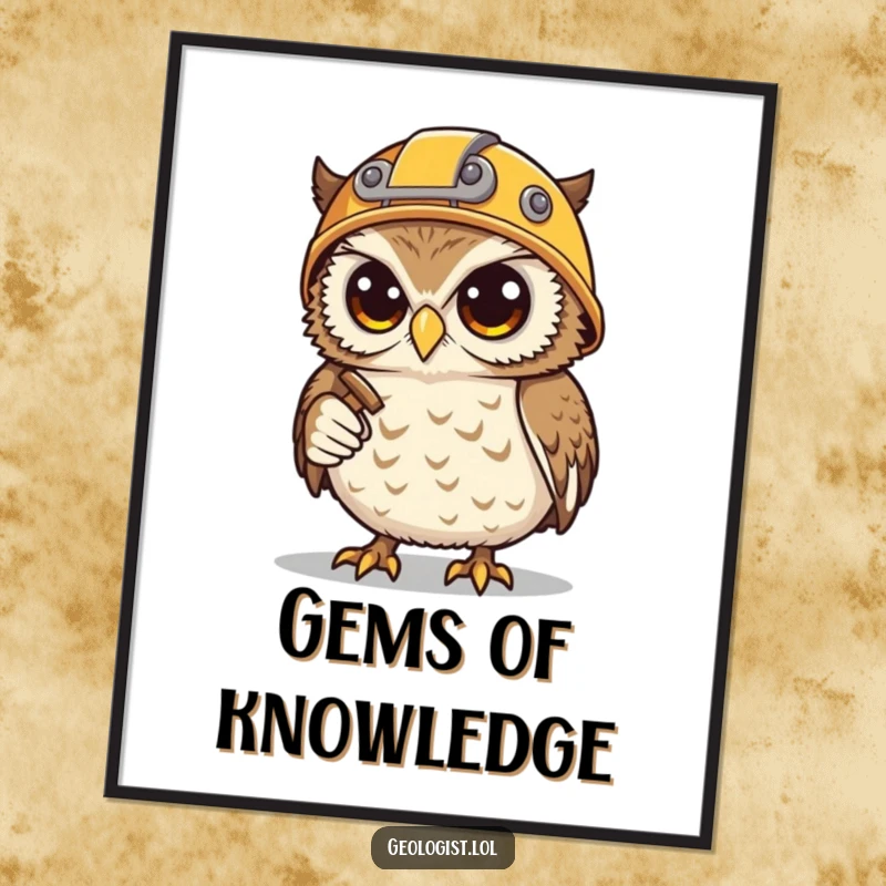 Funny digital art print of a determined snowy owl miner wearing a helmet and holding mining tools.