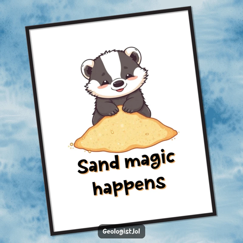 Funny digital art print of a playful badger happily sifting through glittering sand.