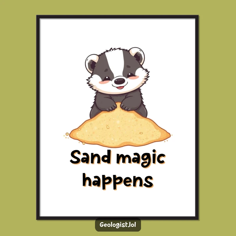 Funny Badger Beach Digital Art: Playful Critter Sifting Glittering Sand, Printable Funny Gift