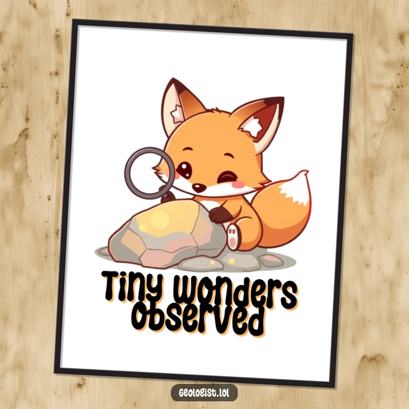 Funny digital art print of a curious fox with a magnifying glass, examining a colorful rock.
