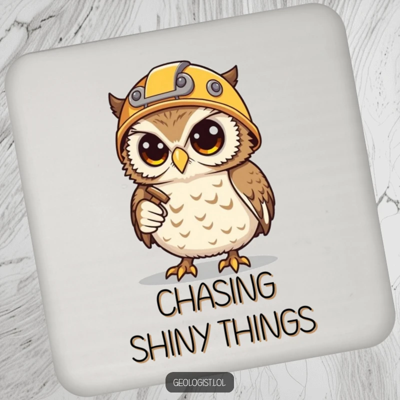 Funny coaster with a determined snowy owl miner, helmet, hammer, and pick, protecting surfaces from drinks.