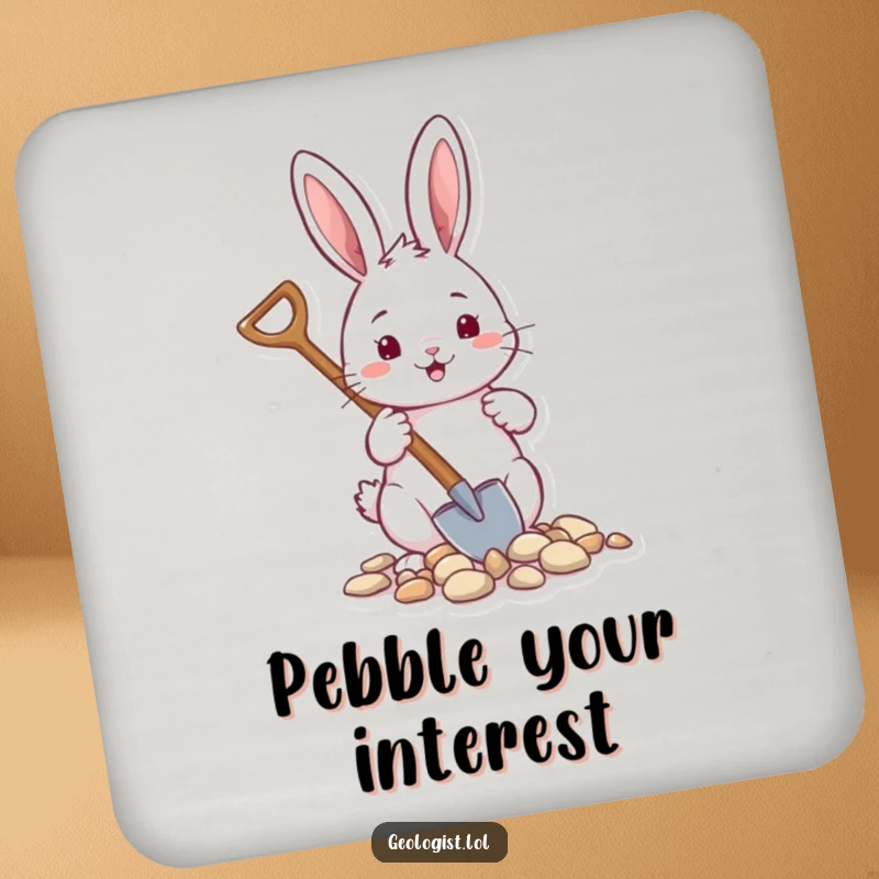 Funny coaster with a cheerful rabbit holding a tiny shovel, scooping pebbles, protecting surfaces.
