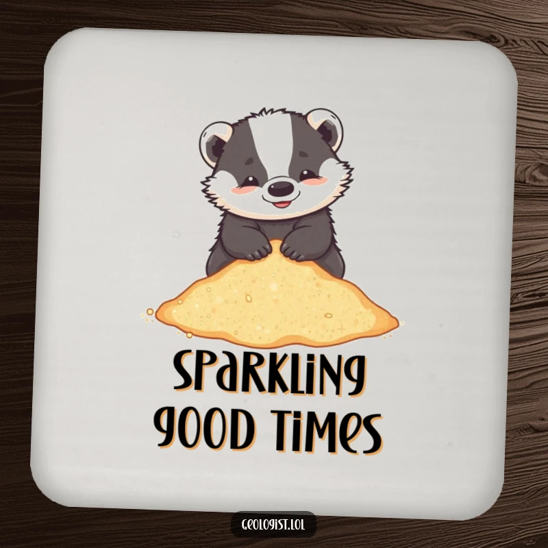 Funny coaster with a playful badger sifting through glittering sand, protecting surfaces from drinks.