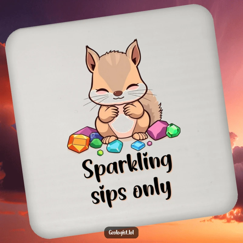 Funny coaster with a focused squirrel identifying gemstones, protecting surfaces from drinks.