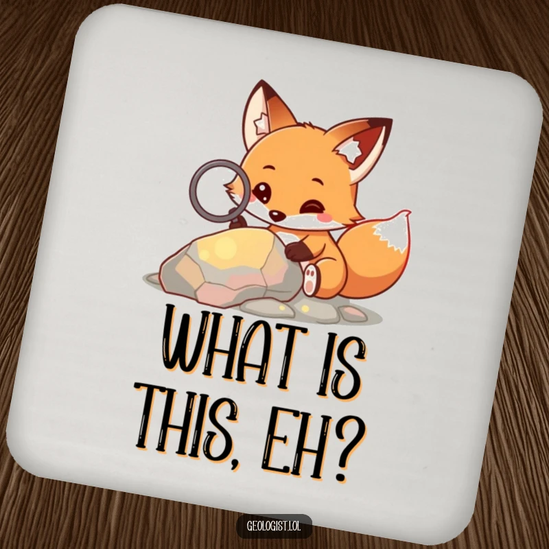 Funny coaster with a curious fox using a magnifying glass to examine a colorful rock, protecting surfaces.