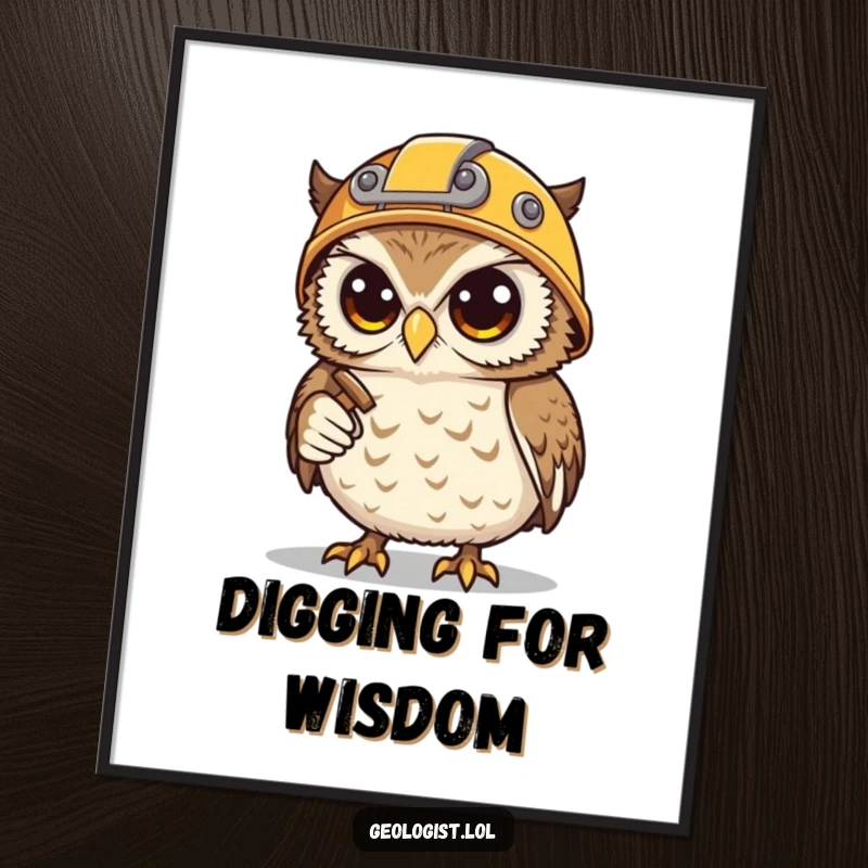 Funny poster of a determined snowy owl miner, complete with a helmet, hammer, and pickaxe, for wall decor.