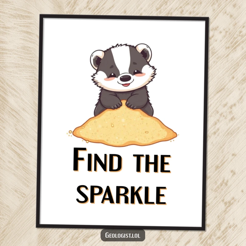 Funny poster of a playful badger happily sifting through glittering sand, great for beach-themed decor.