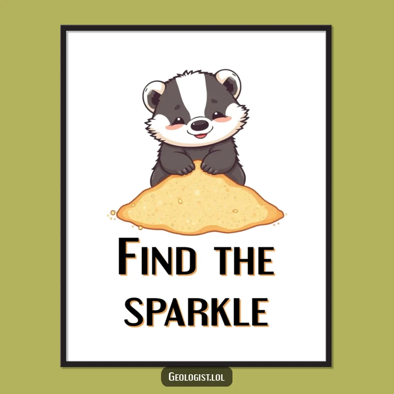 Funny Badger Beach Poster: Playful Critter Sifting Glittering Sand, Quirky Funny Gift Art
