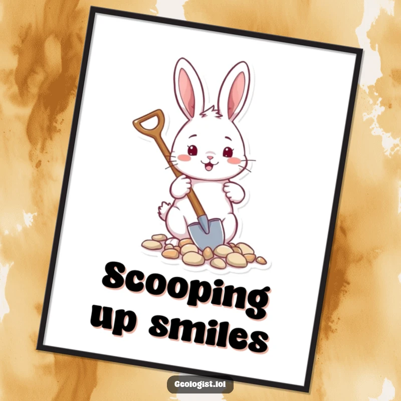 Funny poster of a cheerful rabbit holding a tiny shovel and scooping pebbles, great for garden decor.