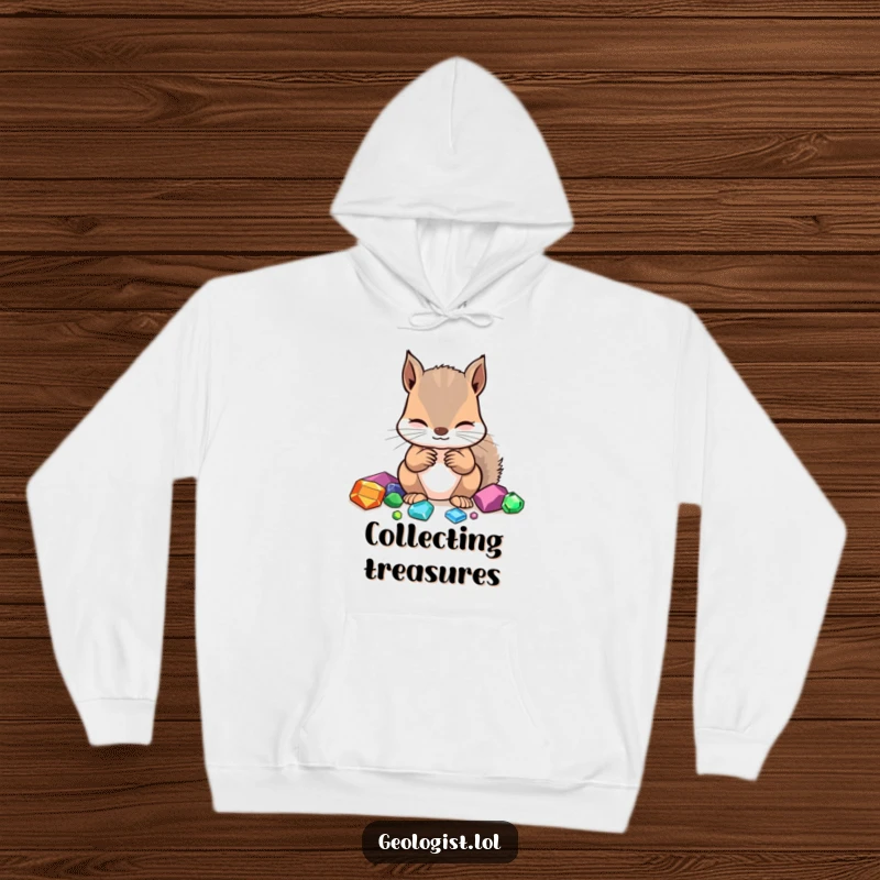 Funny hoodie featuring a focused squirrel identifying gemstones, designed for cozy gem appreciation.