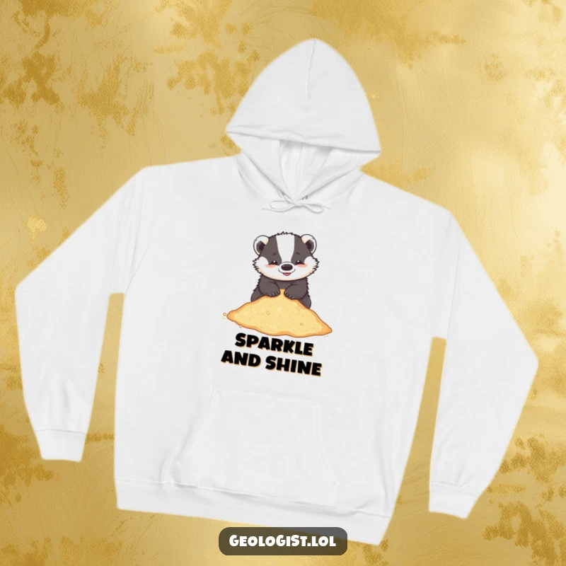 Funny hoodie featuring a playful badger sifting through glittering sand, designed for cozy beach vibes.
