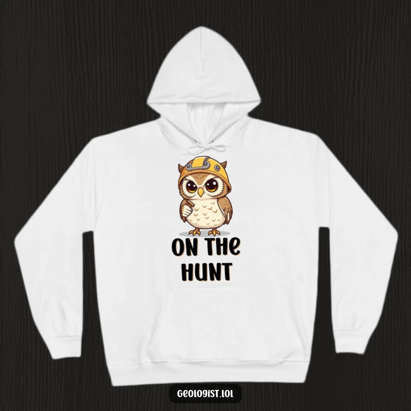 Funny hoodie featuring a determined snowy owl miner wearing a helmet and holding tools, perfect for cold weather.