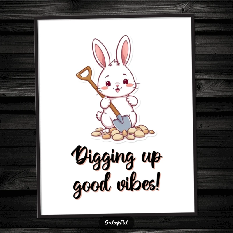 Funny Free Printable Wall Art: Cheerful rabbit holding a tiny shovel, diligently scooping up small, scattered pebbles.