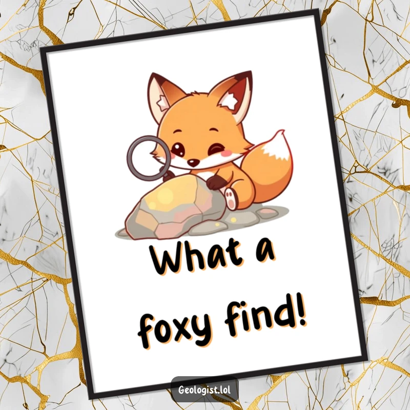 Funny Free Printable Wall Art: Curious fox peering through a magnifying glass at a bright, multi-colored rock.