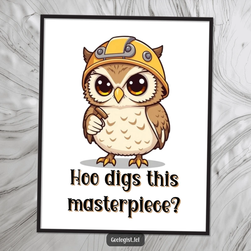 Funny Free Printable Wall Art: Determined owl miner wearing a helmet, holding a hammer and pick, ready to excavate.