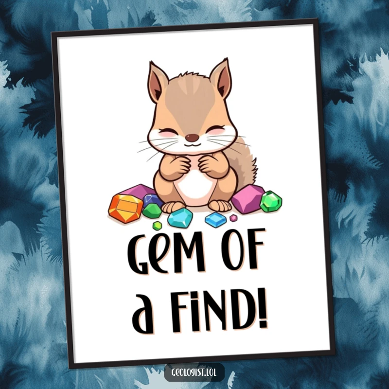 Funny Free Printable Wall Art: Focused squirrel meticulously inspecting and identifying a collection of vibrant, colorful gemstones.