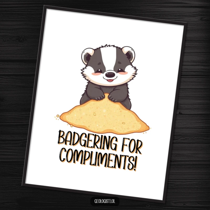 Funny Free Printable Wall Art: Playful badger enthusiastically sifting through a pile of shimmering, glittering sand.