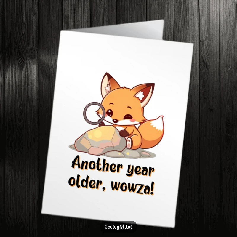 Funny Free Printable Birthday Card: Curious fox with magnifying glass intently examining a vibrant, colorful rock.