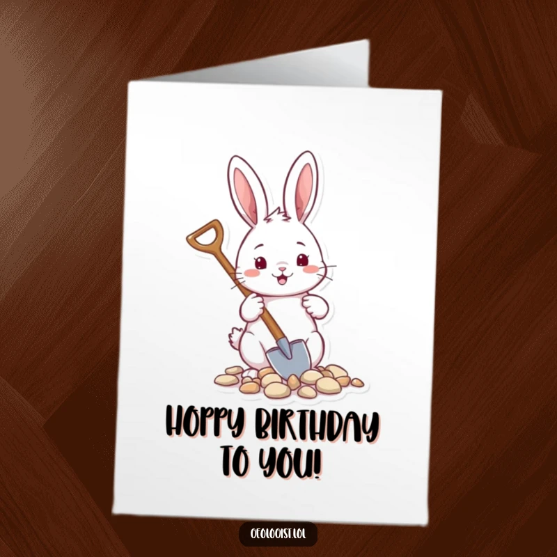 Funny Free Printable Birthday Card: Cheerful rabbit with a tiny shovel, happily scooping up small pebbles.