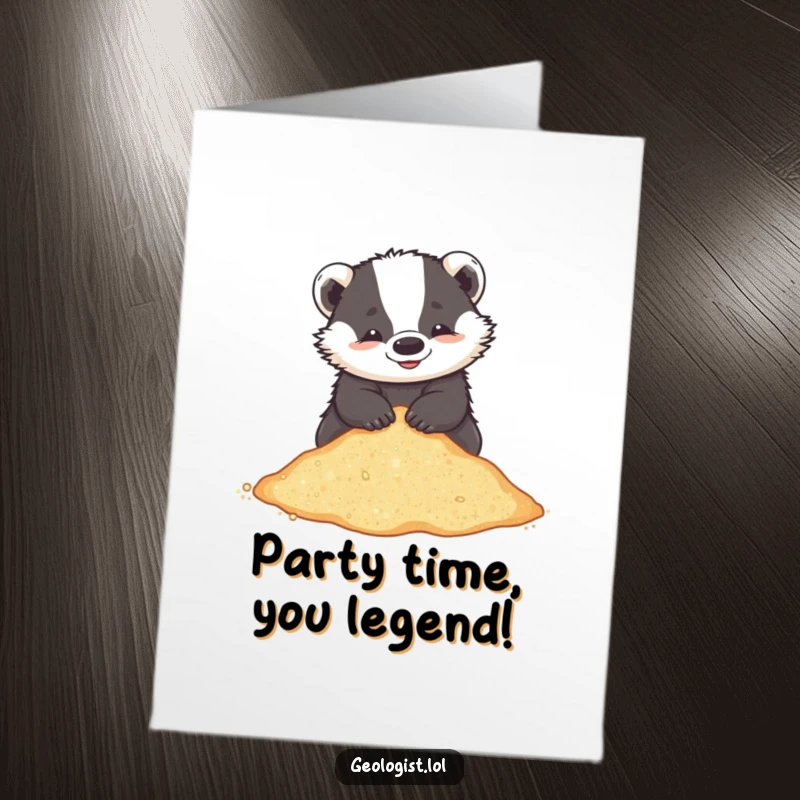 Funny Free Printable Birthday Card: Playful badger happily sifting through a pile of glittering sand, searching for birthday joy.