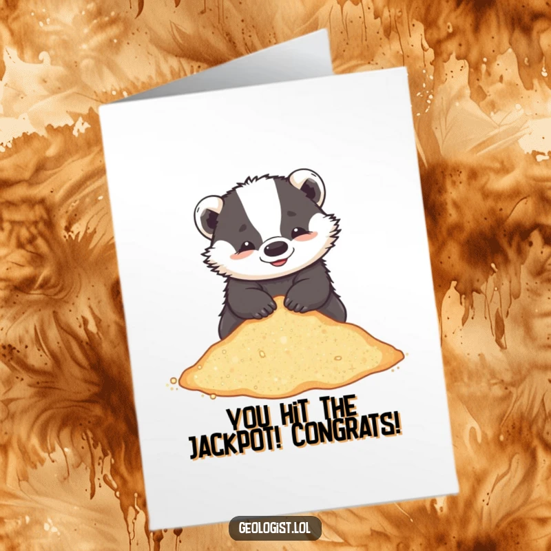 Funny Free Printable Congrats Card: Playful badger digging through glittering sand, unearthing a symbol of success.