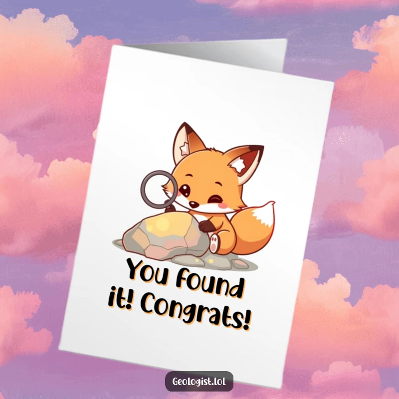 Funny Free Printable Congrats Card: Curious fox using a magnifying glass to inspect a colorful rock, symbolizing discovery.