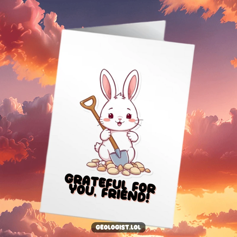 Funny Free Printable Thank You Card: Cheerful rabbit holding a tiny shovel, scooping pebbles to express thanks.