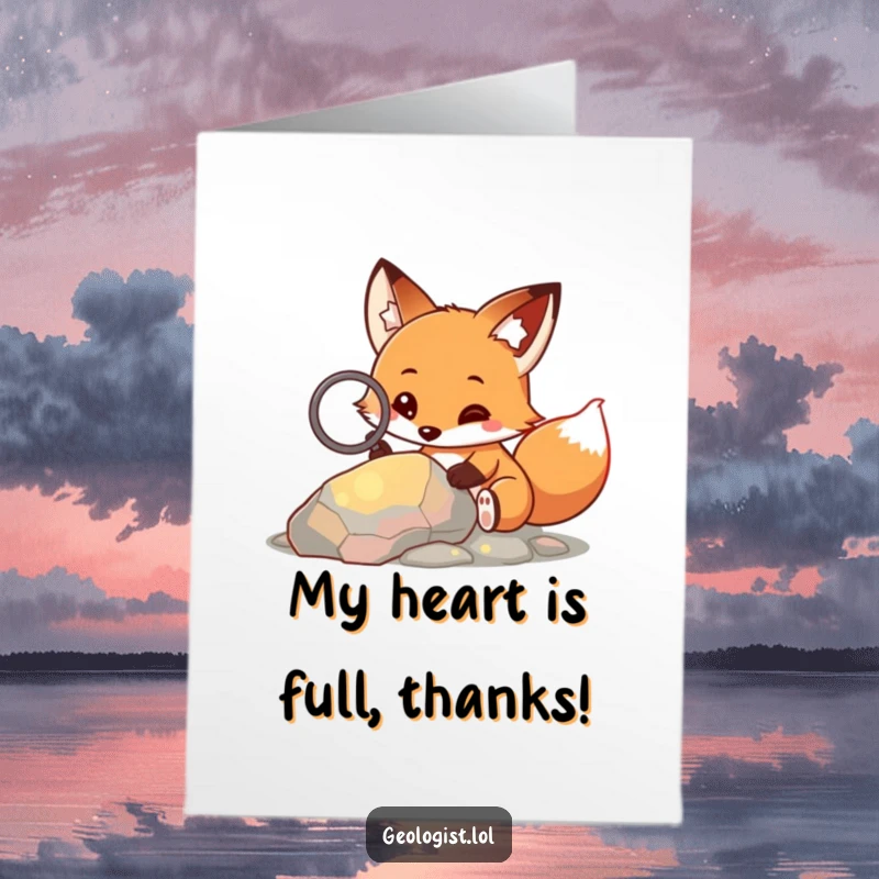 Funny Free Printable Thank You Card: Curious fox with a magnifying glass looking at a colorful rock, symbolizing appreciation.