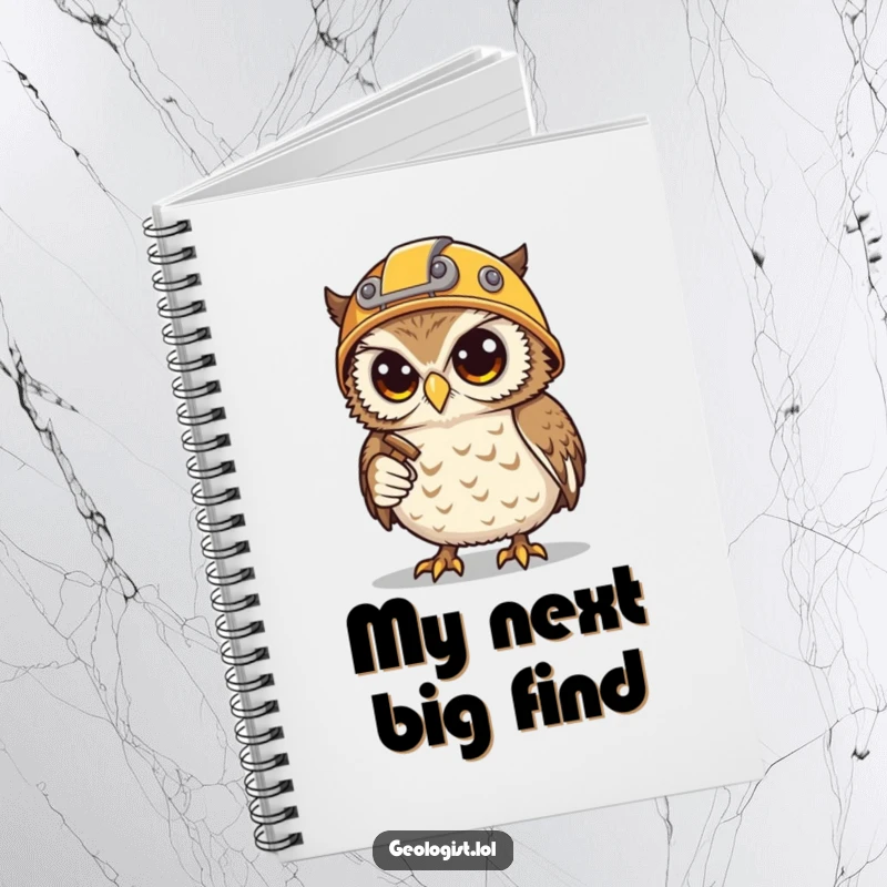 Funny notebook with a determined snowy owl miner, helmet, hammer, and pick, for jotting down notes.