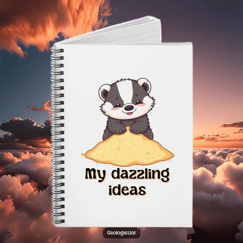Funny notebook with a playful badger sifting through glittering sand, for writing beach memories and notes.